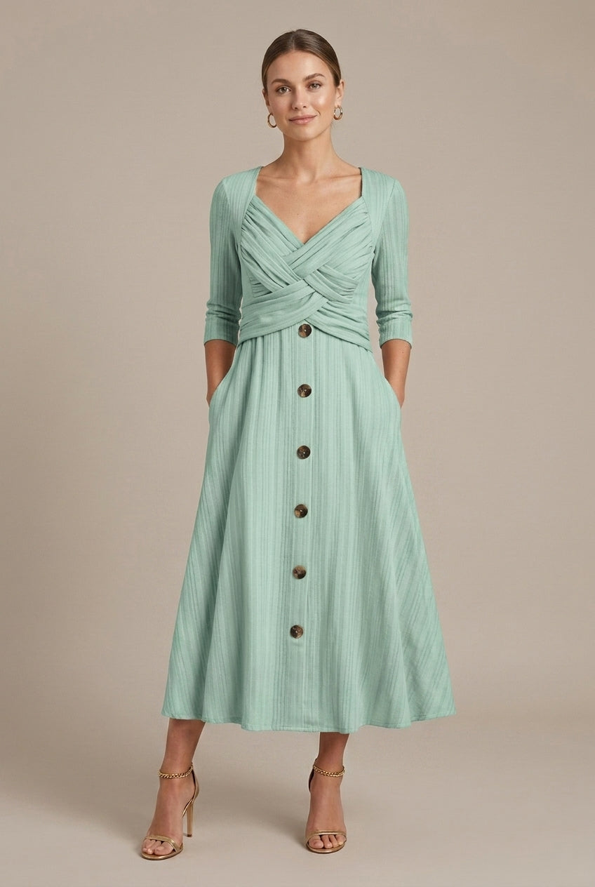 Calawen | Romantic Cross-Wrap Midi Button-Front Dress