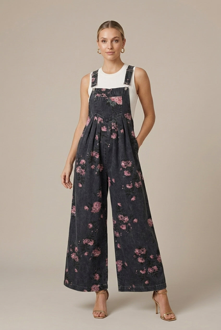 Floralie | Casual Floral Wide-Leg Denim Jumpsuit