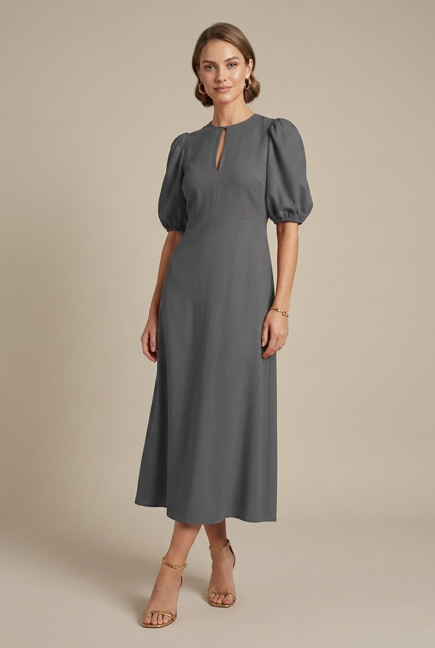 Isolenne | Elegant Puff-Sleeve Midi Dress