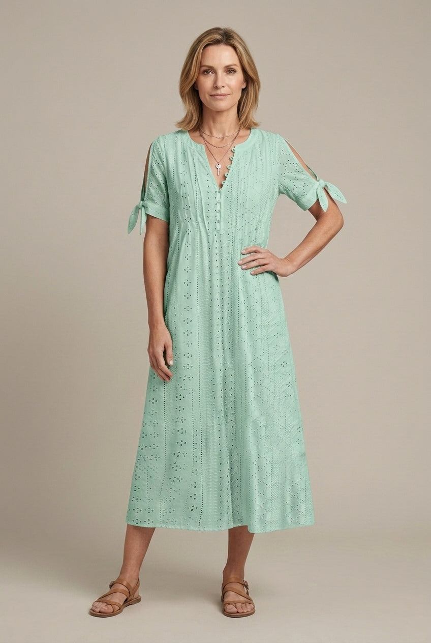 Rosalind | Elegant Eyelet Tie Sleeve Midi Dress