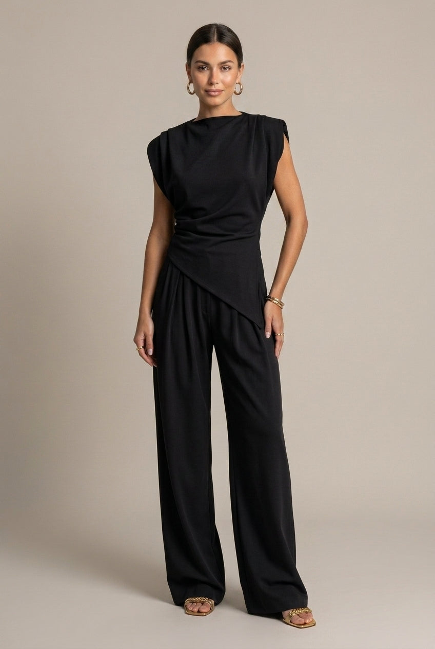 Luxenne | Refined Draped Top & Wide Leg Pants Set