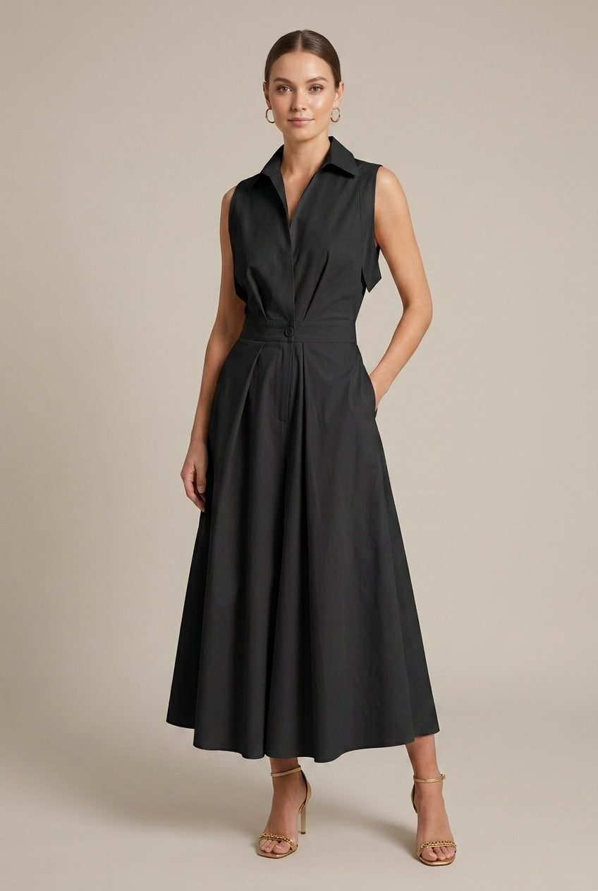 Evangeline | Elegant Sleeveless Shirt Collar Midi Dress