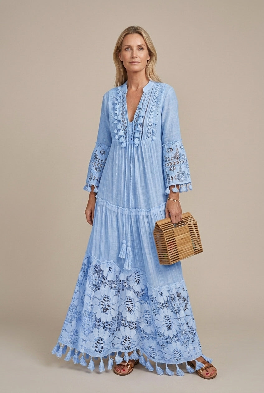 Lyralynn | Romantic Lace Trim Tiered Maxi Dress