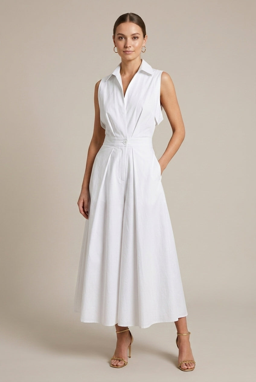 Evangeline | Elegant Sleeveless Shirt Collar Midi Dress