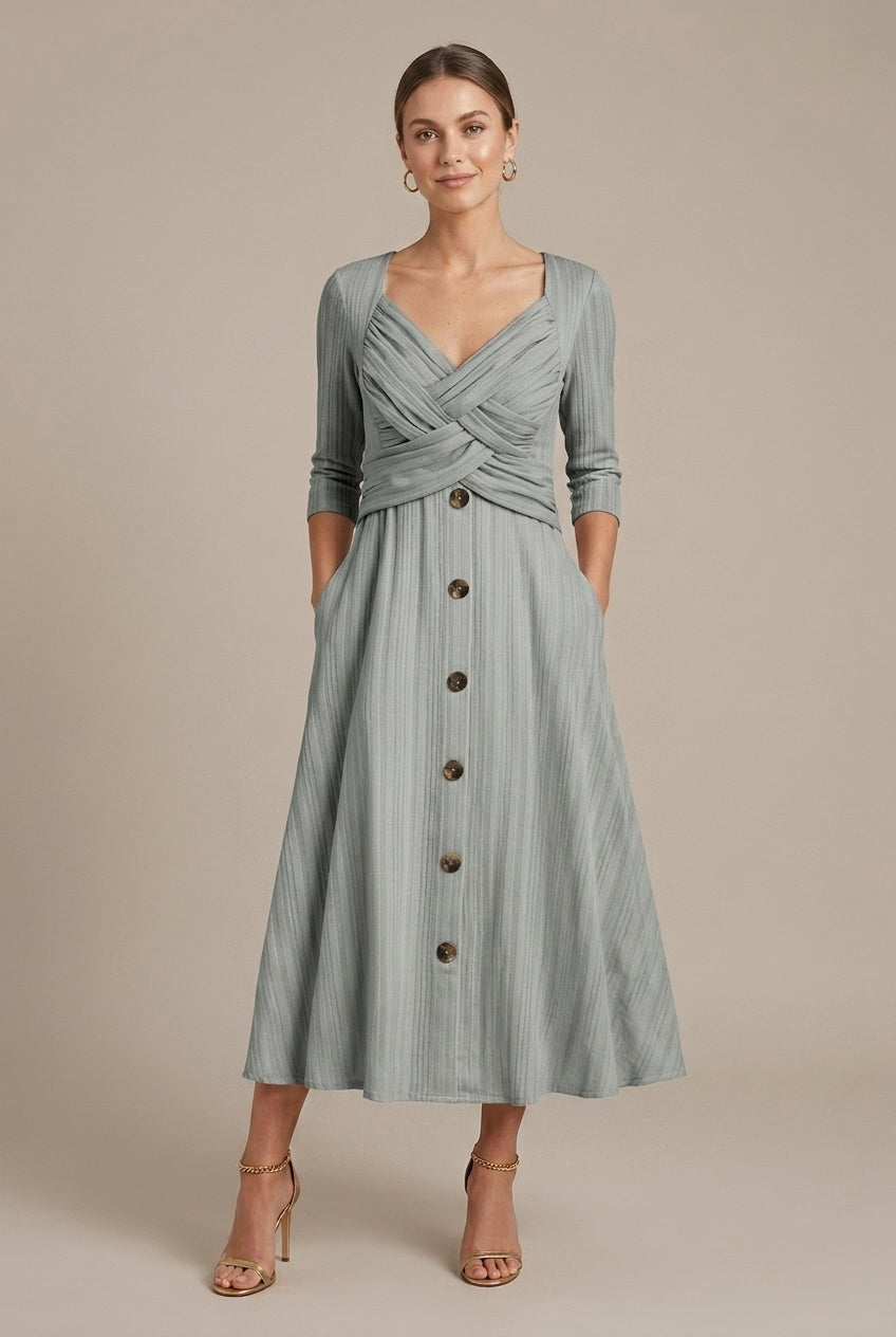 Calawen | Romantic Cross-Wrap Midi Button-Front Dress