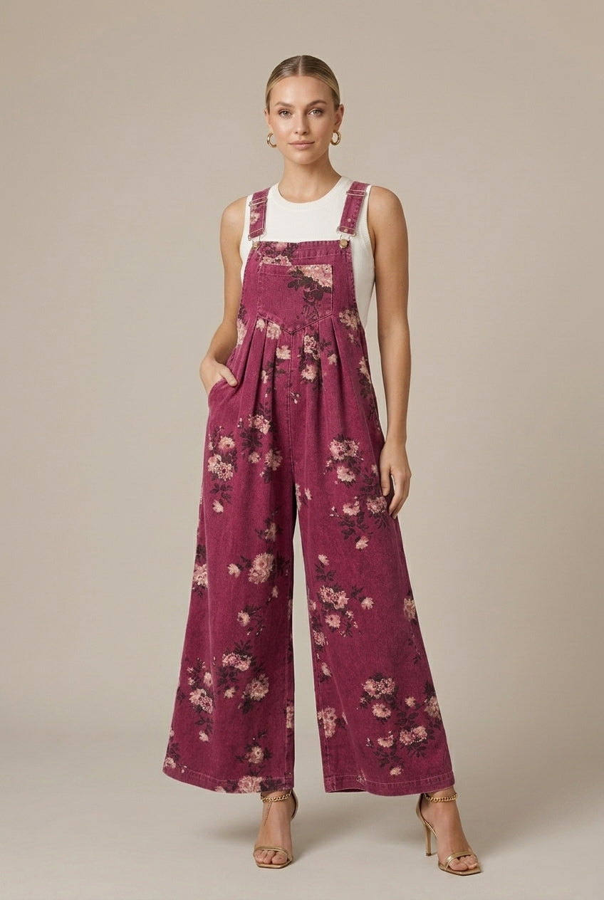 Floralie | Casual Floral Wide-Leg Denim Jumpsuit