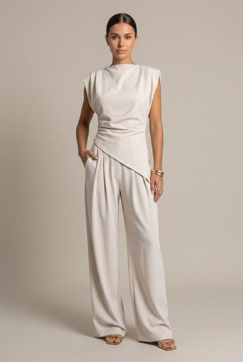 Luxenne | Refined Draped Top & Wide Leg Pants Set
